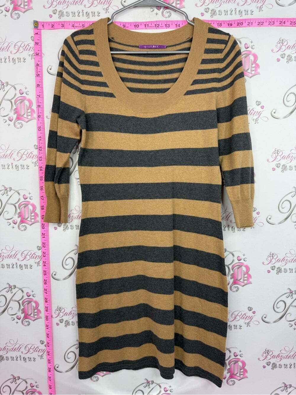 Smart Set Camel and Charcoal Striped Scoop Neck Midi Dress